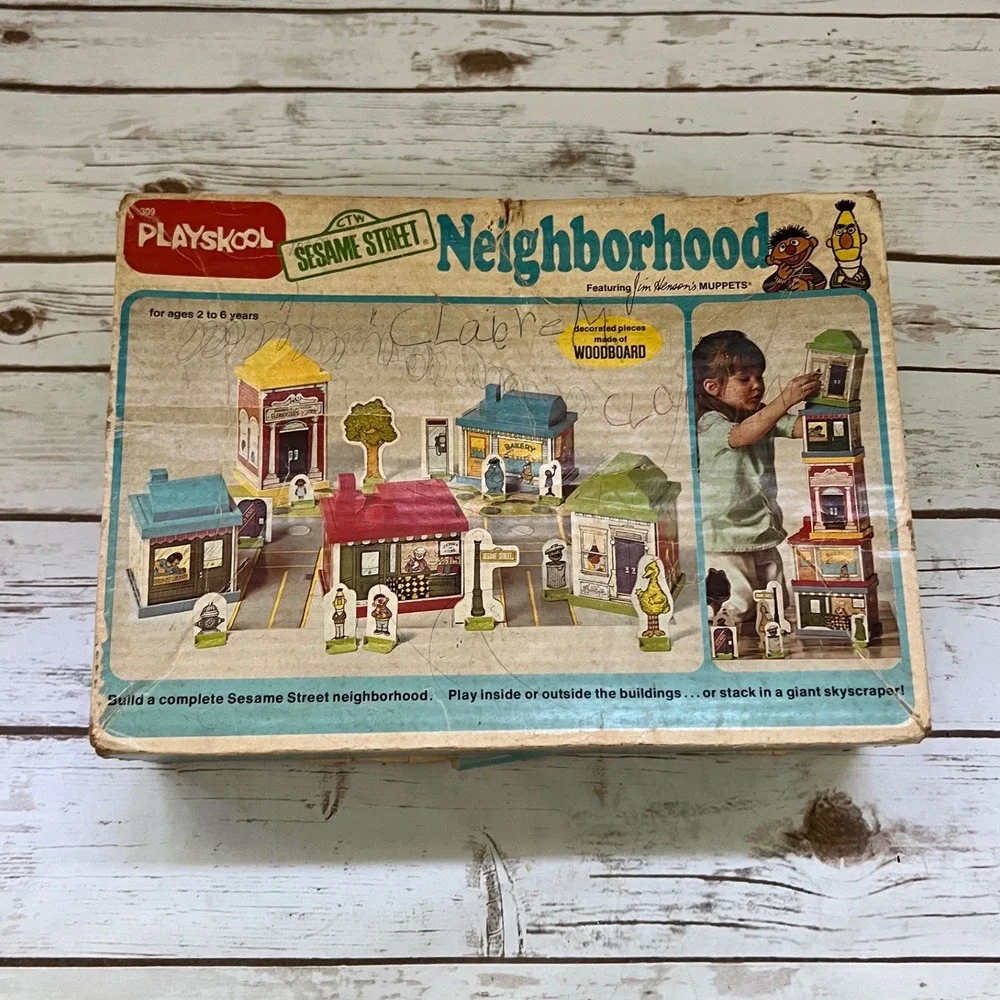 Playskool VTG Sesame Street Neighborhood Vintage 1977 Woodboard Building Set 309